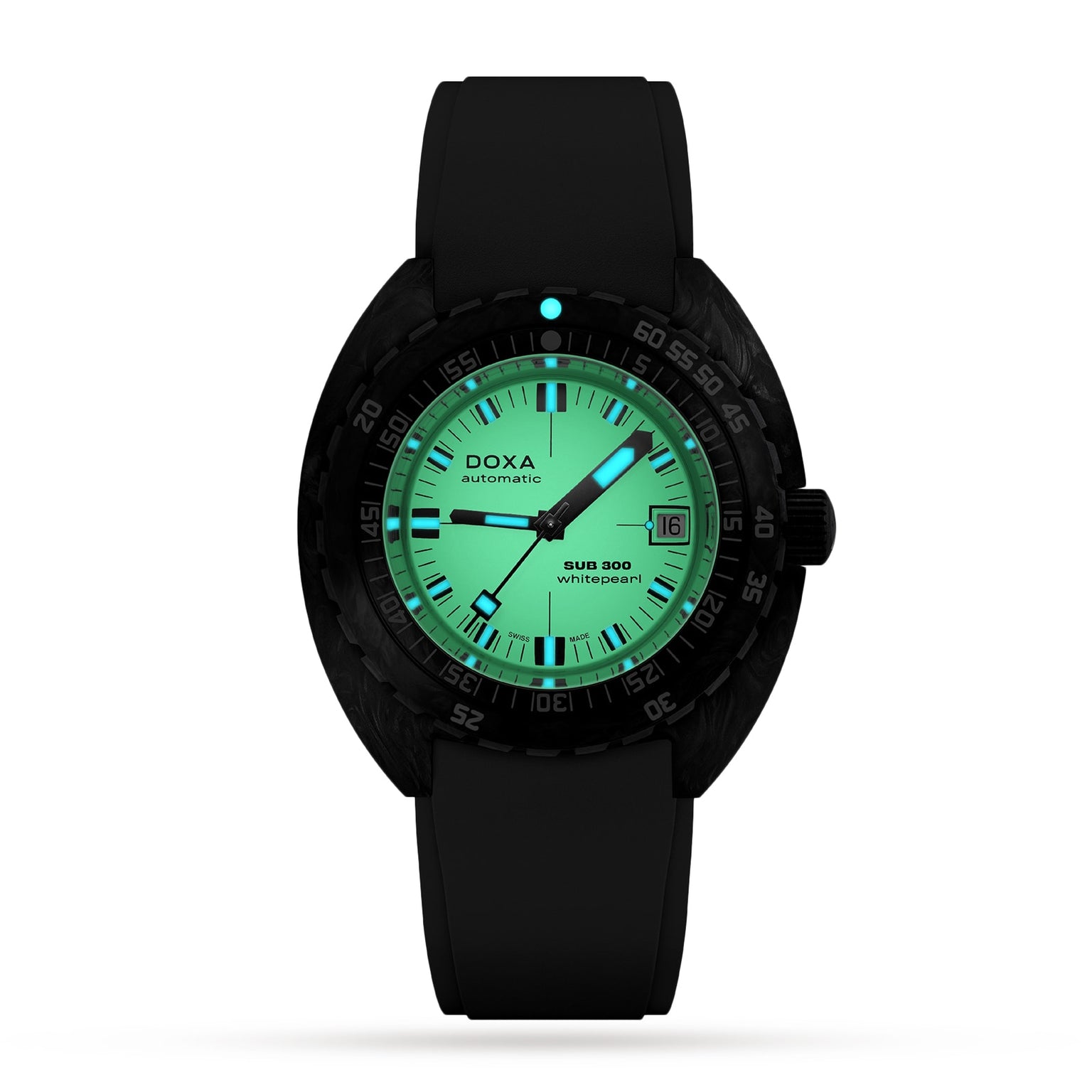 The DOXA Sub 300 Carbon Whitepearl features a black band, black bezel, luminous turquoise dial with date at 3 o’clock, and is a COSC Certified Chronometer for ultimate precision.