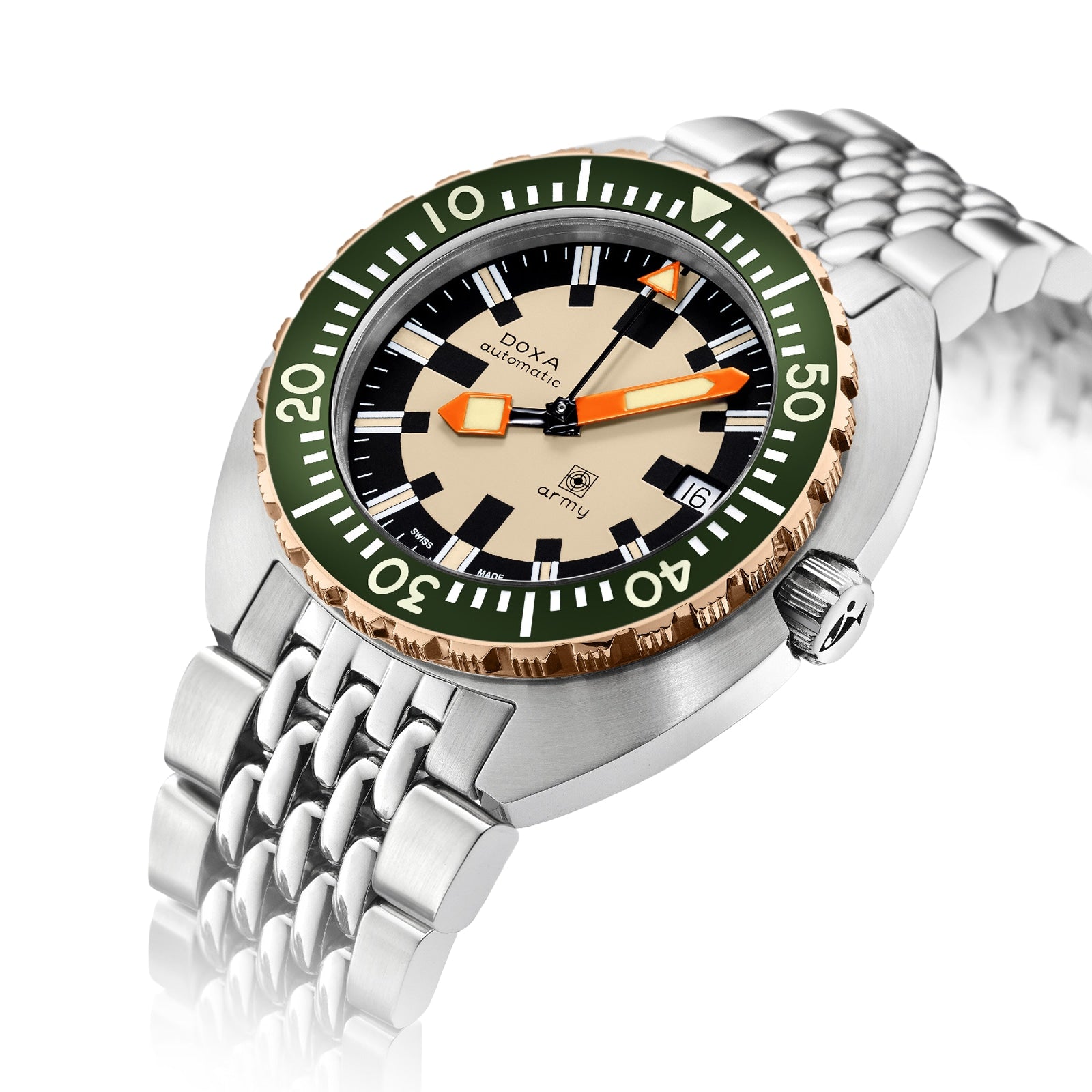 The DOXA Army Bronze dive watch features a bronze case, cream dial, orange Super-LumiNova® hands, a date window at 3 o’clock, and is shown at an angle on a silver metal bracelet.