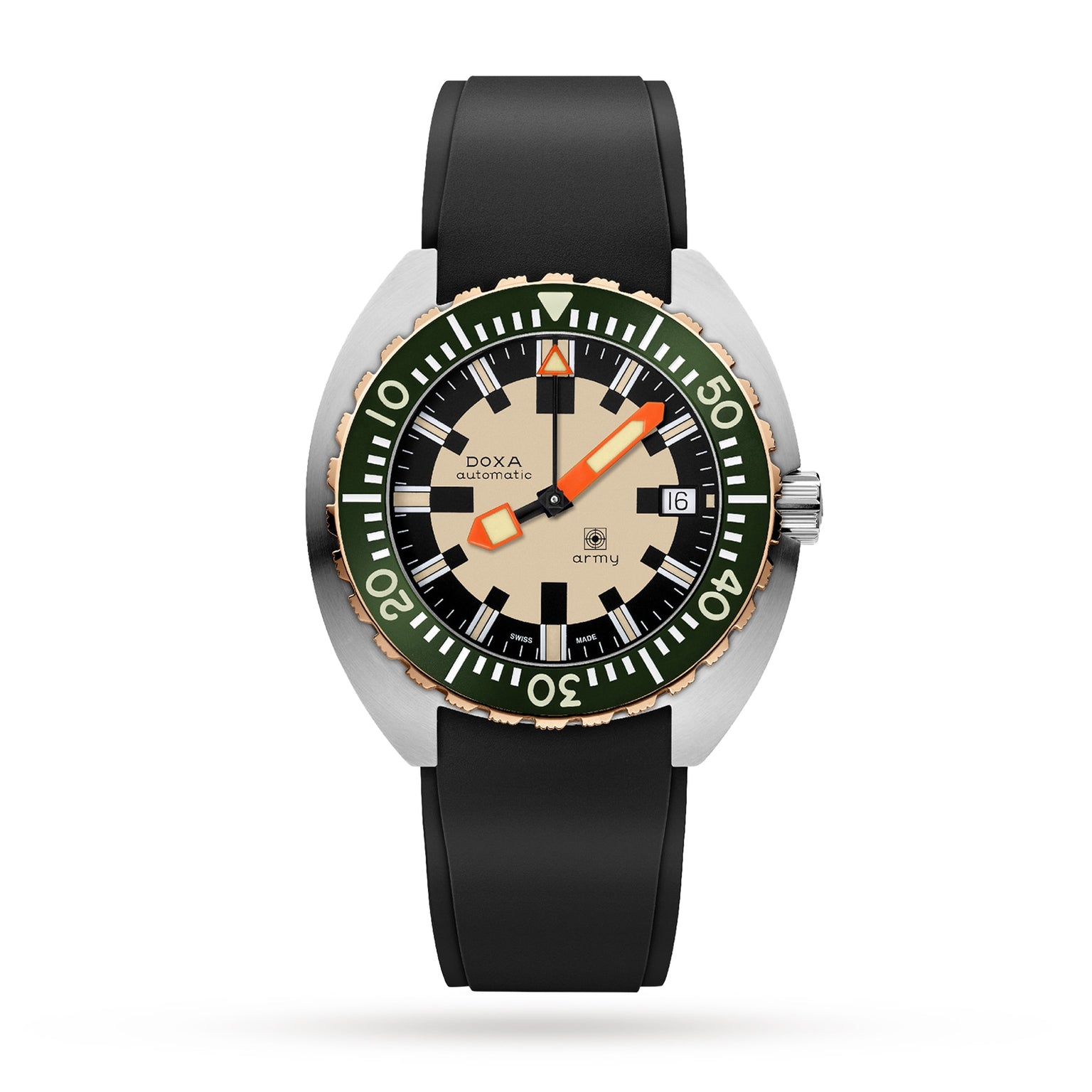 The DOXA Army Bronze wristwatch features a green bezel, beige dial with bold black markers and Super-LumiNova®, date window at 3 o’clock, orange hands, black rubber strap, and a worn-look bronze case inspired by the original DOXA Army.