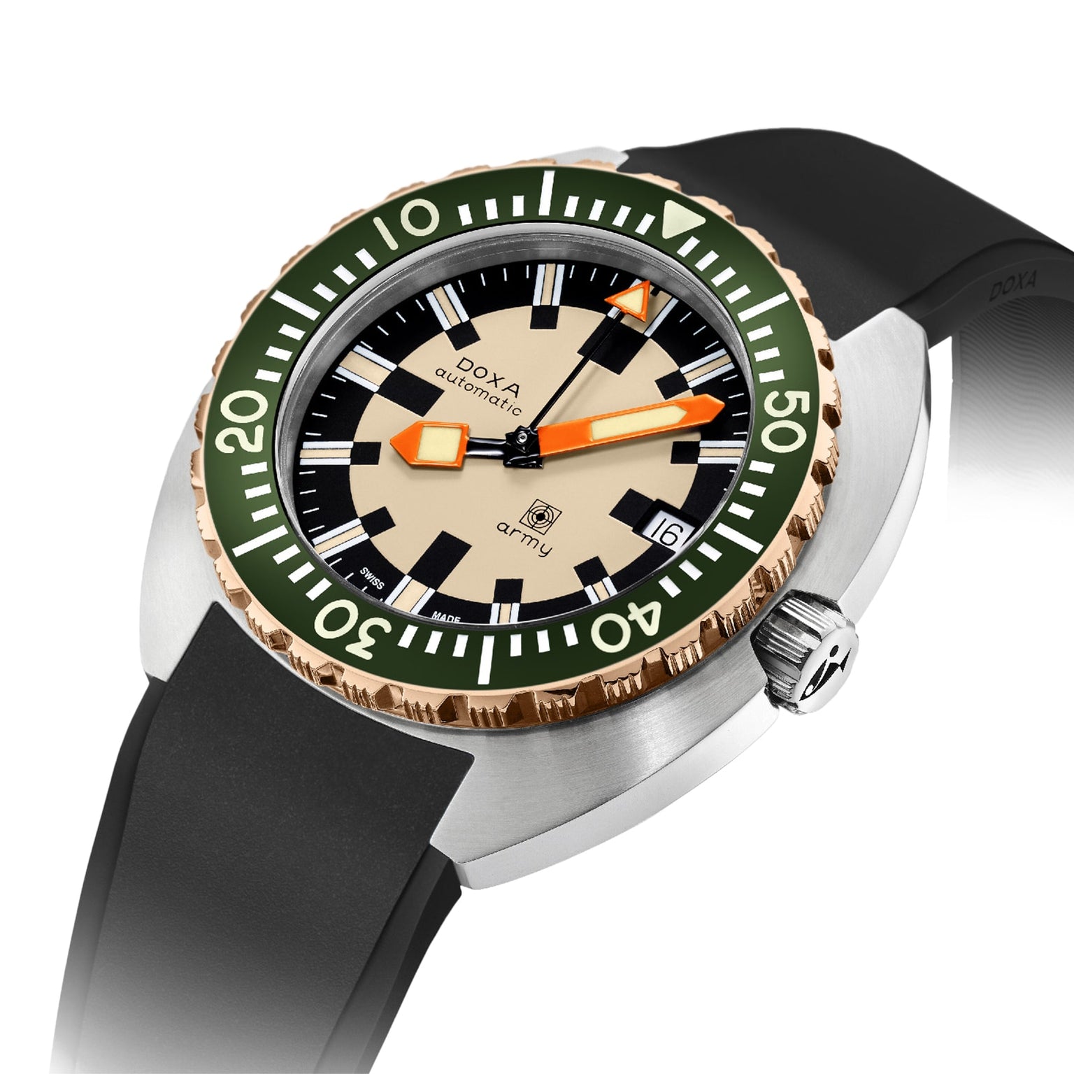 A close-up of the DOXA Army Bronze by DOXA, featuring a bronze case, beige dial, bold orange hands, black markers, a green bezel with Super-LumiNova® coating, and a black rubber strap.