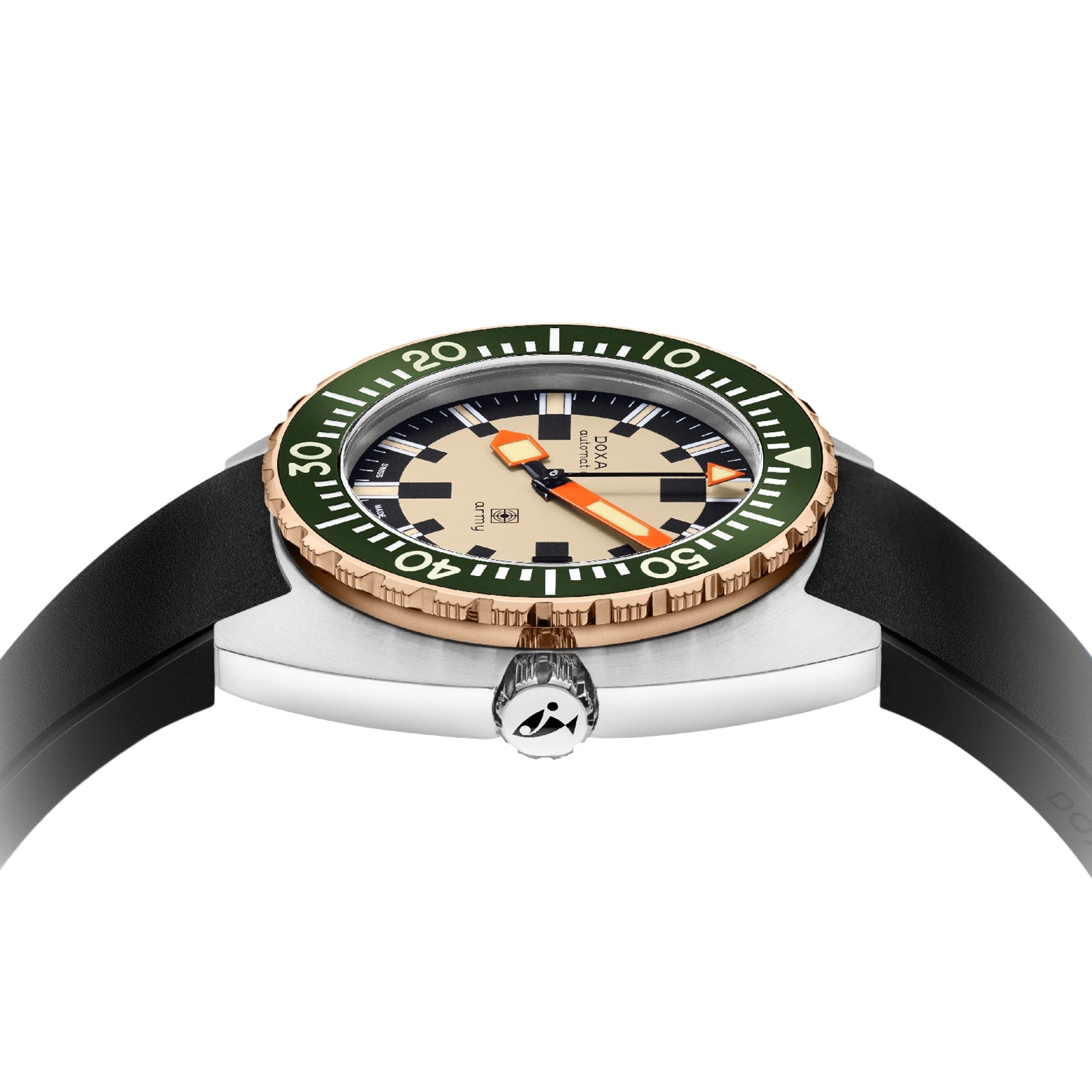 A close-up side view of the DOXA Army Bronze wristwatch by DOXA, featuring a green bezel, beige dial, black strap, orange Super-LumiNova® markers and minute hand, plus a stainless steel crown with an engraved logo.