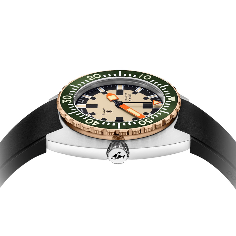 A close-up side view of the DOXA Army Bronze wristwatch by DOXA, featuring a green bezel, beige dial, black strap, orange Super-LumiNova® markers and minute hand, plus a stainless steel crown with an engraved logo.