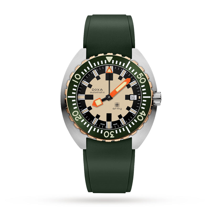 The DOXA Army Bronze wristwatch features a green band, bronze uni-directional bezel, beige and black dial, orange hour and minute hands, date at 3 o’clock, and “DOXA Army automatic” on the face.