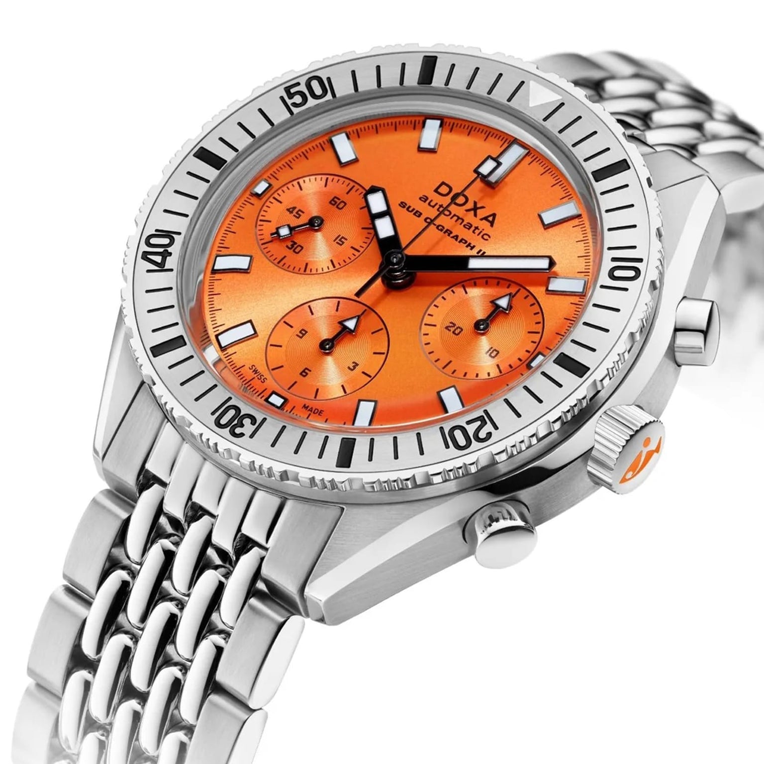 The DOXA Sub 200 C-Graph II Professional is a stainless steel dive watch featuring an orange dial, three subdials, silver hour markers, and a metal link bracelet.