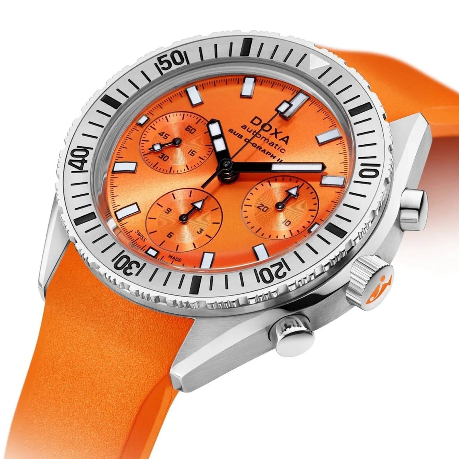 A DOXA Sub 200 C-Graph II Professional dive watch in stainless steel with an orange dial, three subdials, and an orange rubber strap is displayed at an angle.