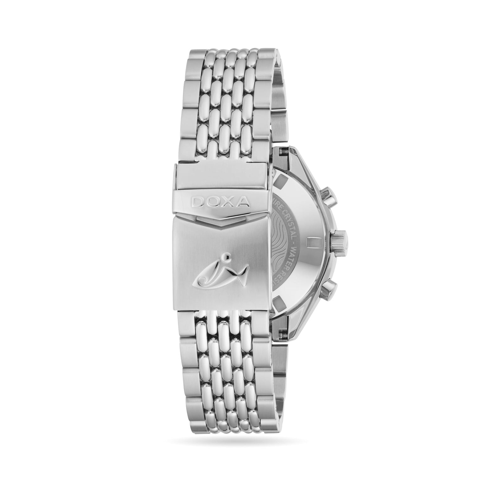 The DOXA Sub 200 C-Graph II Professional features a stainless steel dive bracelet with a clasp engraved with the DOXA logo and fish symbol, along with the automatic chronograph’s case back and side pushers partially visible.