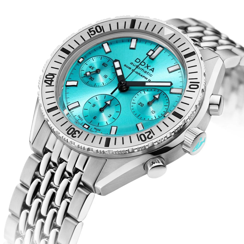 The DOXA Sub 200 C-Graph II Aquamarine is a stainless steel automatic chronograph with a turquoise dial, three subdials, unidirectional bezel, and bracelet—ideal for versatile daily wear.