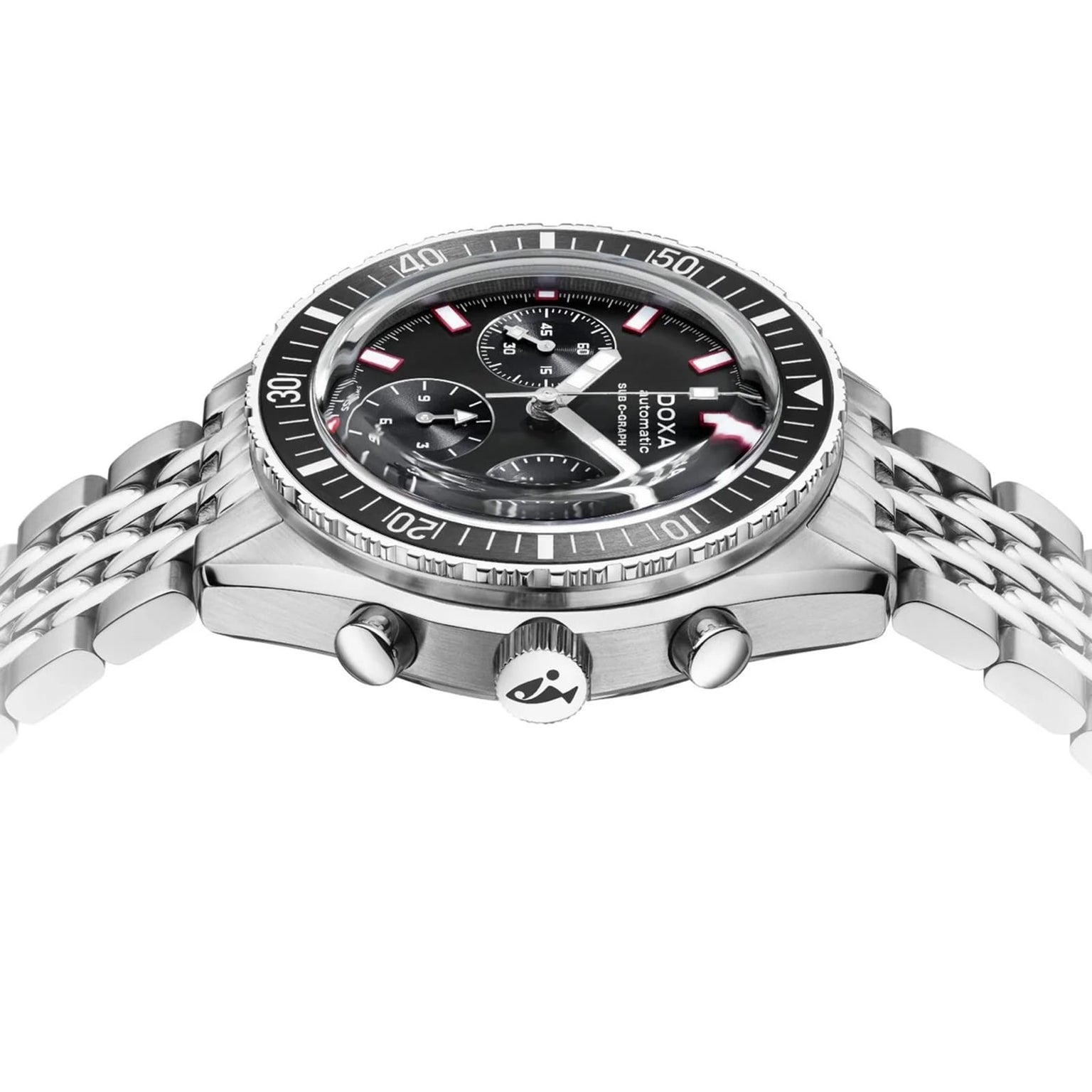 A DOXA Sub 200 C-Graph II Sharkhunter mechanical chronograph wristwatch featuring a black rotating bezel, black dial, and stainless steel bracelet, shown from an angled side view.