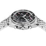 A DOXA Sub 200 C-Graph II Sharkhunter mechanical chronograph wristwatch featuring a black rotating bezel, black dial, and stainless steel bracelet, shown from an angled side view.