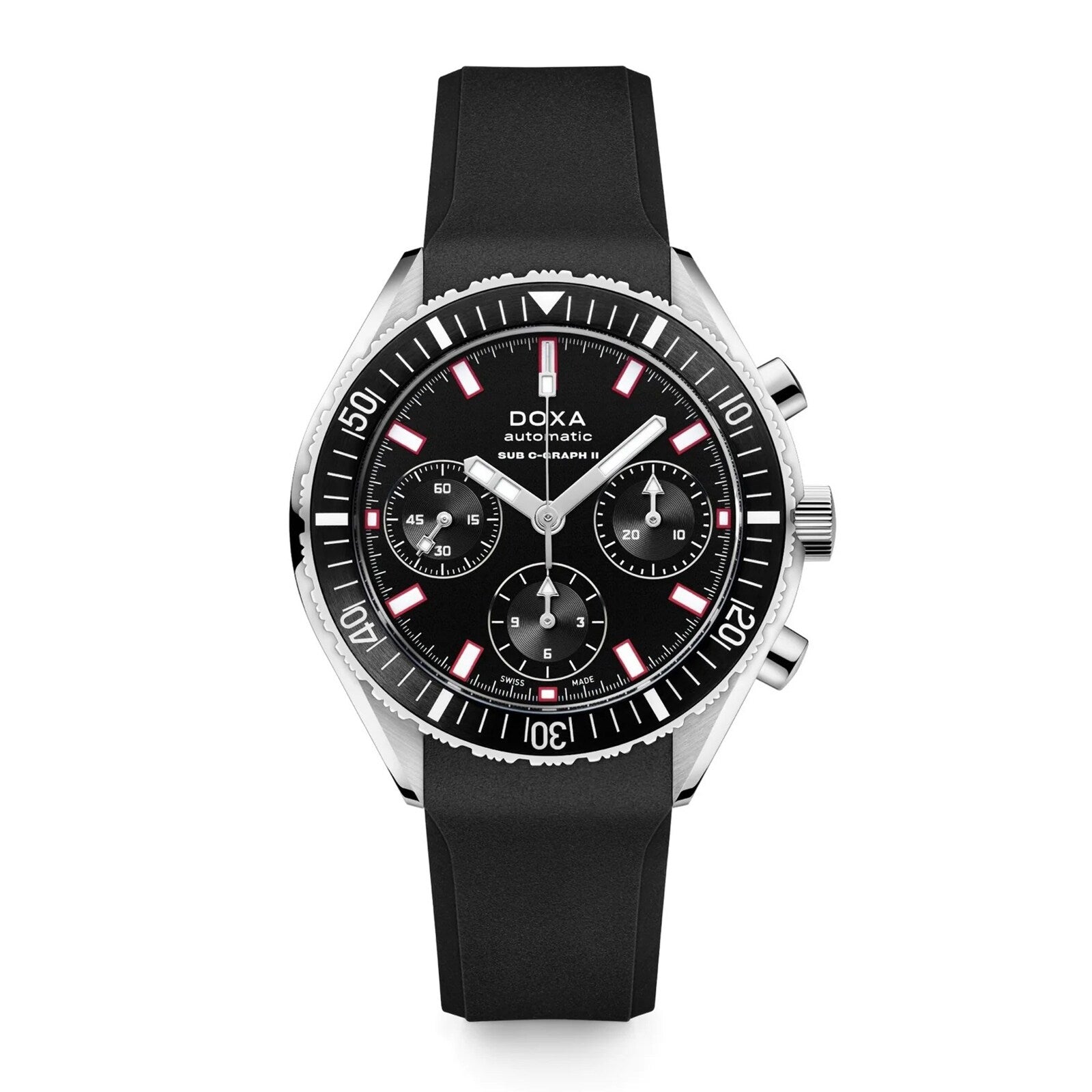 The DOXA Sub 200 C-Graph II Sharkhunter is a black wristwatch with a rubber strap, black dial, three subdials, silver hour markers, and red accents—a stylish automatic chronograph designed for precision.