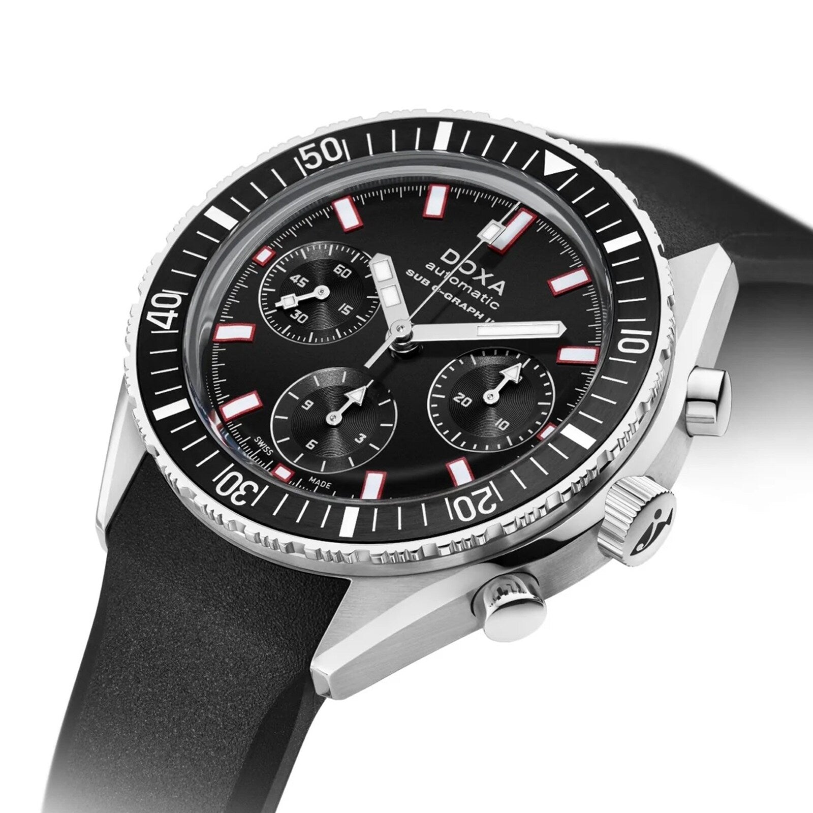 A DOXA Sub 200 C-Graph II Sharkhunter mechanical chronograph dive watch with a stainless steel case, black rubber strap, and three subdials is shown at an angle on a white background.