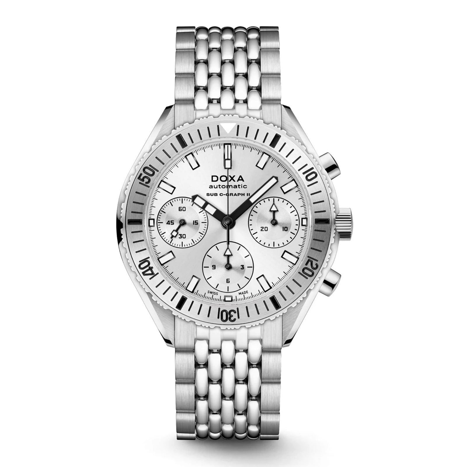 The DOXA Sub 200 C-Graph II Whitepearl is a silver mechanical automatic chronograph wristwatch with a white dial, three subdials, and a 316L stainless steel bracelet.