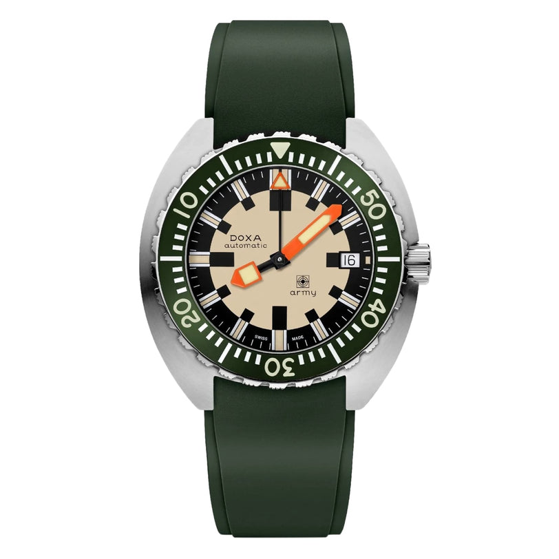 The DOXA Army Stainless Steel by DOXA features a green strap, beige dial, orange hands, Super-LumiNova accents, black and green bezel, and a date display at 3 o’clock.