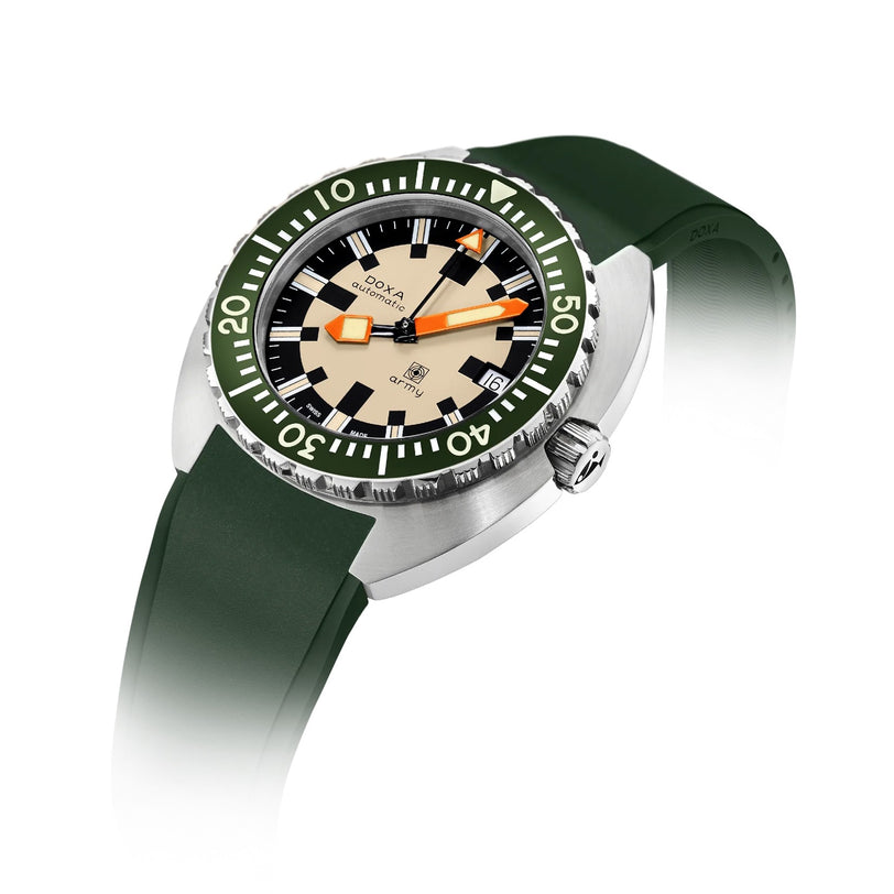 The DOXA Army Stainless Steel by DOXA features a beige dial, green bezel, and green rubber strap in 316L stainless steel, with bold black Super-LumiNova hour markers and striking orange hands.
