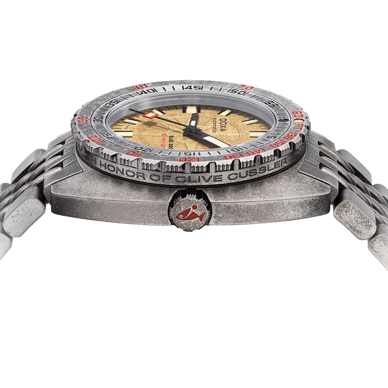 A close-up side view of the DOXA Sub 300T Clive Cussler, a Swiss automatic watch with HONOR OF CLIVE CUSSLER engraved on the case, a nautical emblem on the crown, and 1200 meters water resistance.
