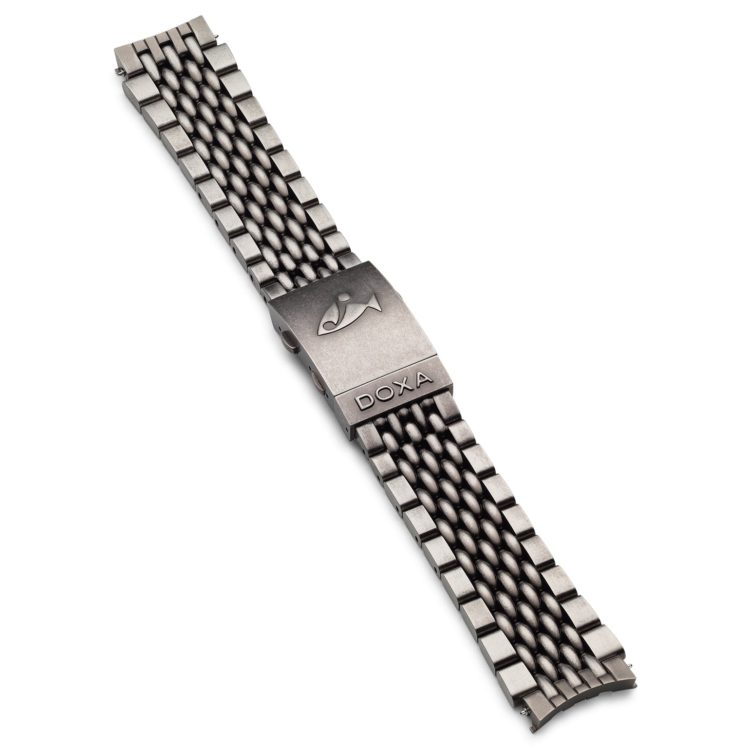 The DOXA Sub 300T Clive Cussler features a stainless steel bracelet with a central clasp displaying the DOXA logo and fish emblem, designed for water resistance up to 1200 meters.