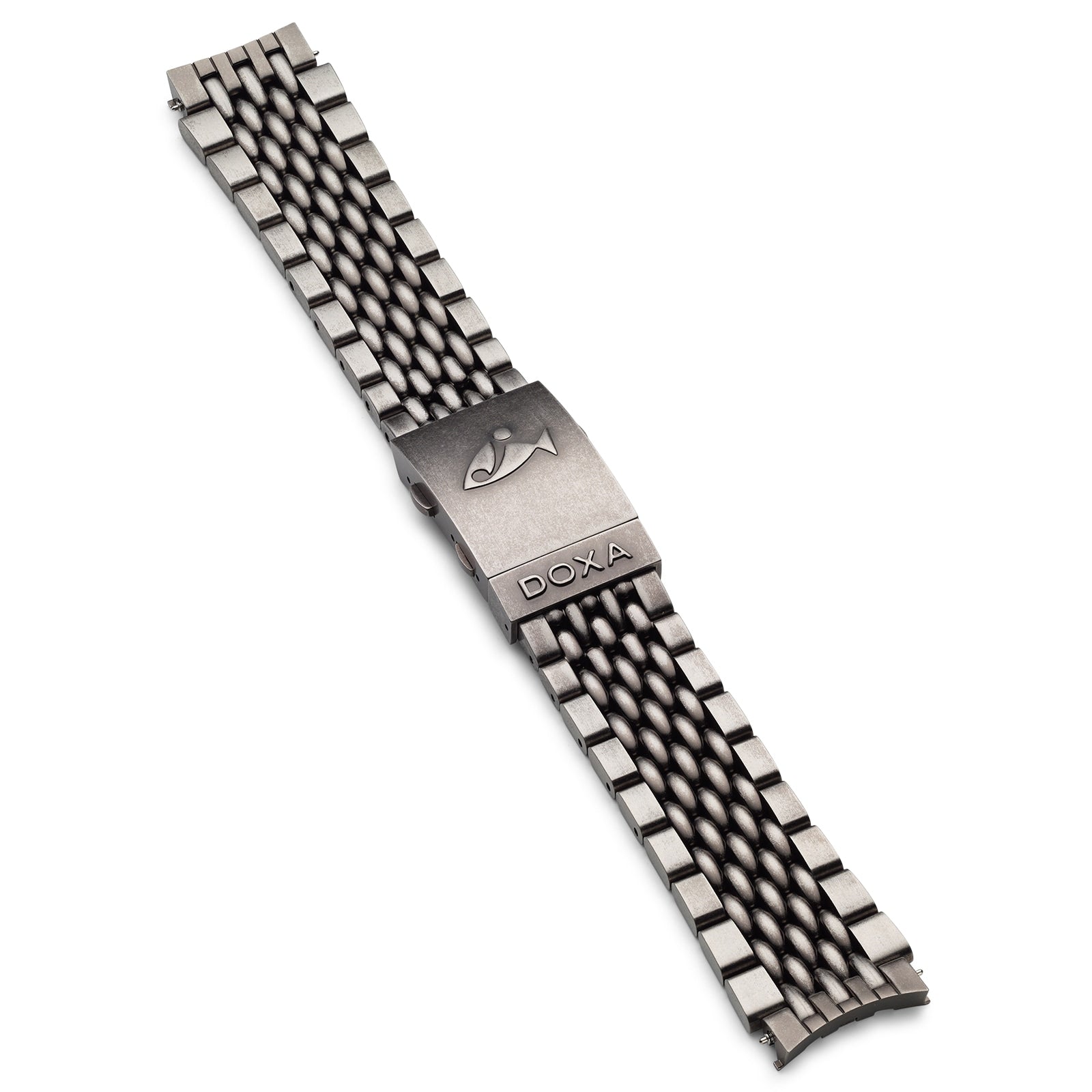 The DOXA Sub 300T Clive Cussler features a stainless steel bracelet with a central clasp displaying the DOXA logo and fish emblem, designed for water resistance up to 1200 meters.