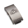 A metal clasp with a fish logo and DOXA engraved, featured on the Sub 300T Clive Cussler watch, highlights the Swiss brand’s heritage in automatic timepieces, displayed against a white background.