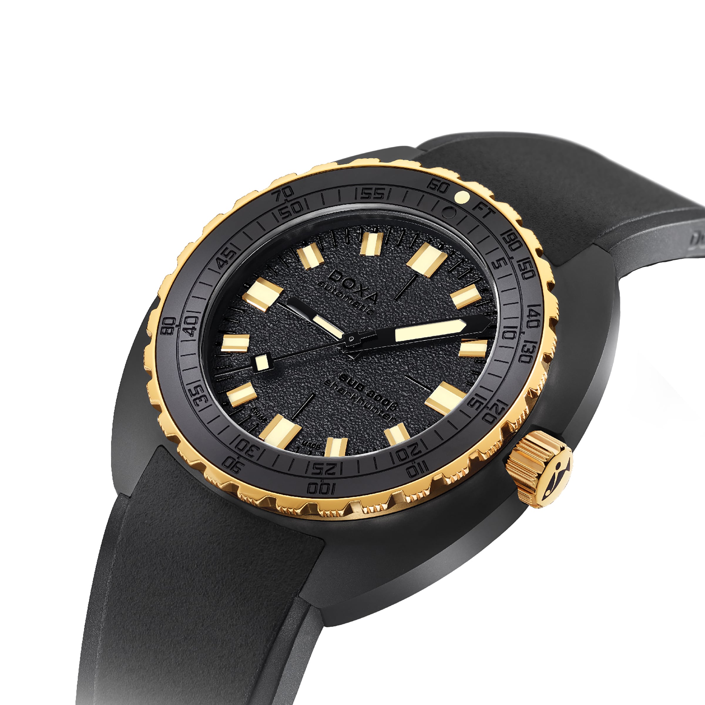 The DOXA Sub 300 Beta Sharkhunter is a black wristwatch with a textured black dial, gold bezel and crown, inspired by classic diving watches, featuring bold hour markers and a sleek black strap.