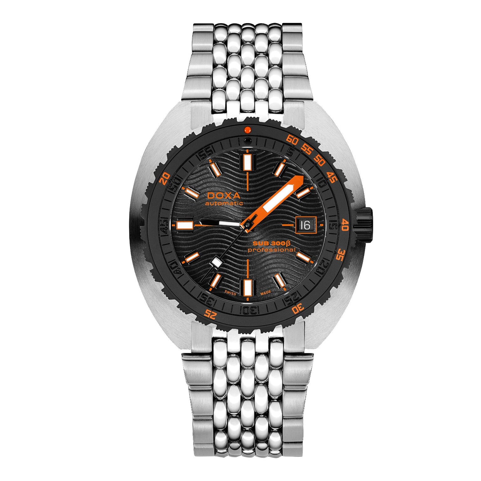The DOXA Sub 300 Beta Professional is a stainless steel wristwatch inspired by Swiss watchmaking, featuring a black and orange dial, date set to the 16th, and a metal link bracelet.