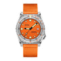 The DOXA Sub 600T Professional is a stainless steel divers watch featuring an orange dial, rotating bezel, date display, and an orange fabric strap.