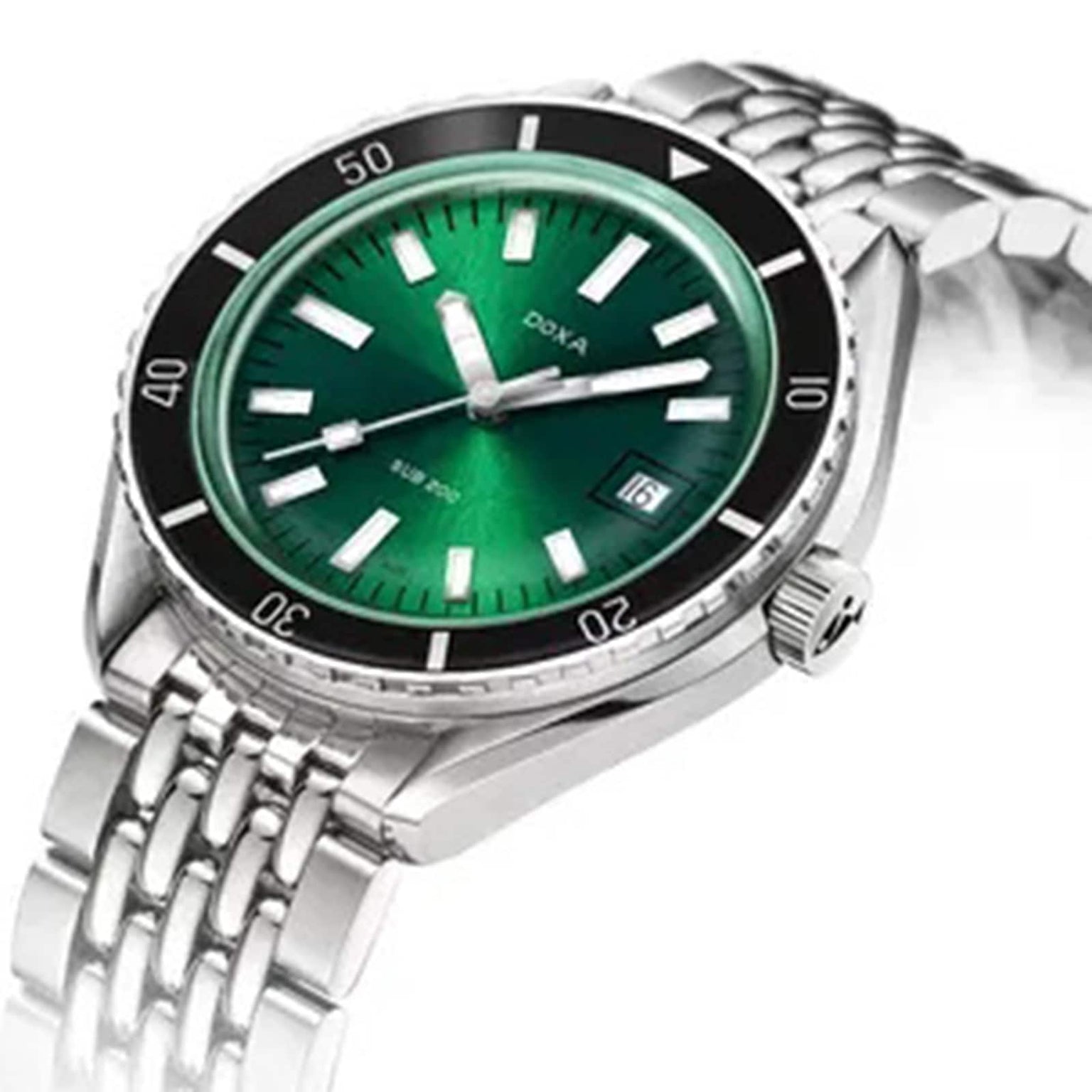 The DOXA Sub 200 Sea Emerald is a Swiss-inspired silver wristwatch with a green dial, white hour markers, black bezel, metal link band, and date display at 3 oclock—perfect for fans of precision and style.