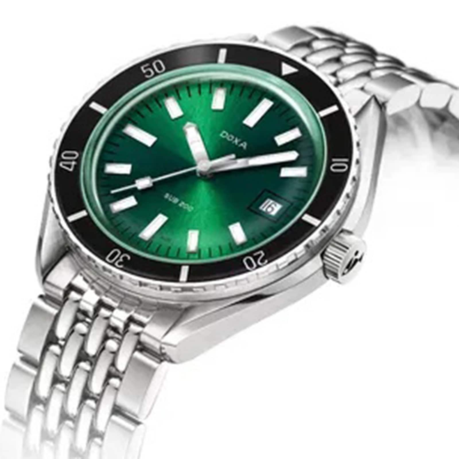 The DOXA Sub 200 Sea Emerald is a Swiss-inspired silver wristwatch with a green dial, white hour markers, black bezel, metal link band, and date display at 3 oclock—perfect for fans of precision and style.