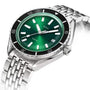 The DOXA Sub 200 Sea Emerald is a Swiss-inspired silver wristwatch with a green dial, white hour markers, black bezel, metal link band, and date display at 3 oclock—perfect for fans of precision and style.
