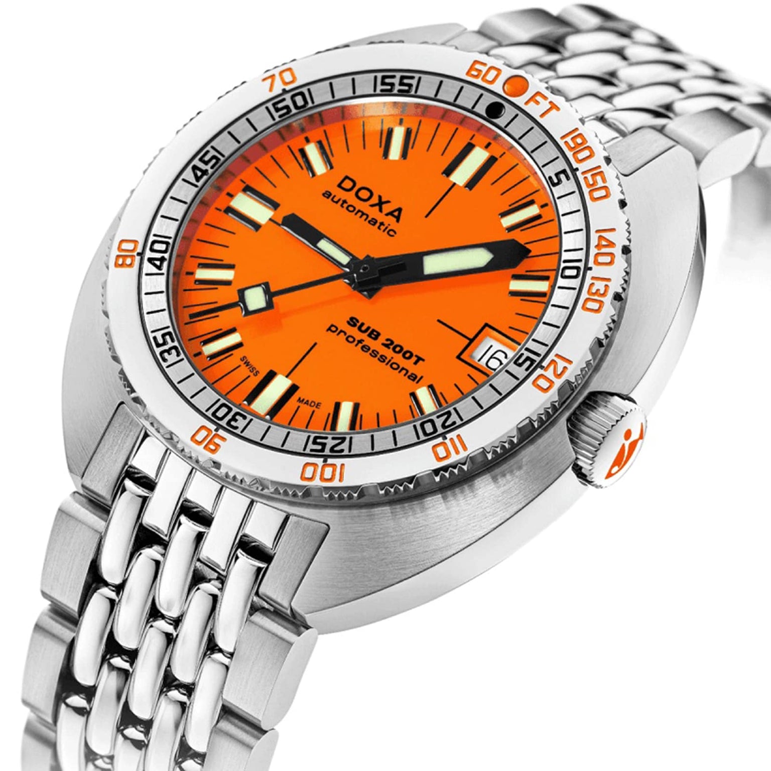 The DOXA Sub 200T Professional is a stainless steel dive watch with an orange dial, black and white indices, and a silver bracelet—showcasing Swiss craftsmanship, perfect for deep-sea diving.