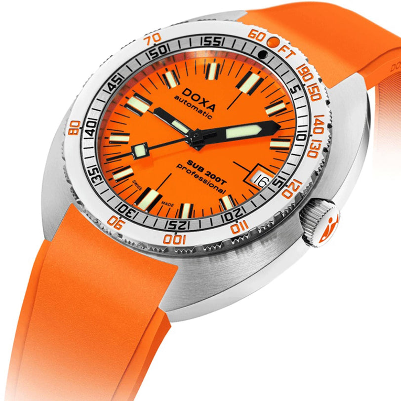 The DOXA Sub 200T Professional is a silver and orange automatic wristwatch with a vibrant orange face, black and white hour markers, and an orange rubber strap—exemplifying Swiss watchmaking for deep-sea diving enthusiasts.
