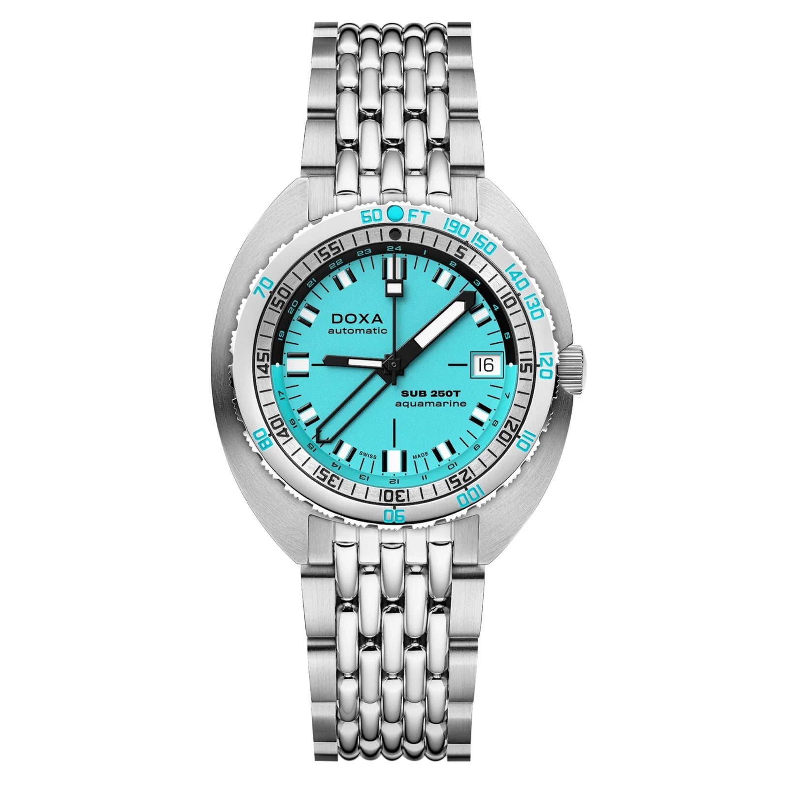 The DOXA SUB 250T GMT Aquamarine is a stainless steel dive watch with an aquamarine dial, black and white indices, a date window at 3 o’clock, and a silver link bracelet.