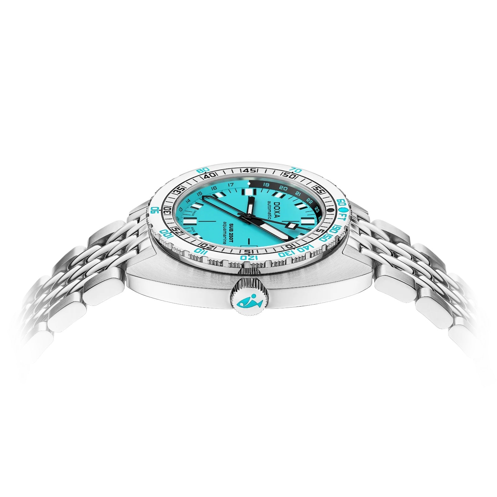 Side view of the DOXA SUB 250T GMT Aquamarine