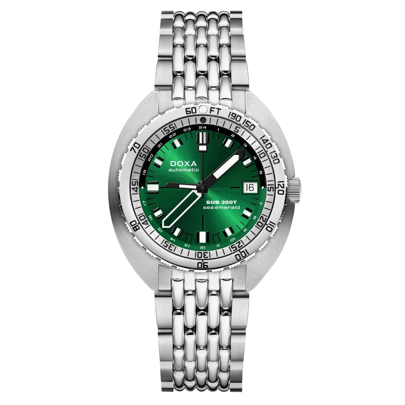 The DOXA SUB 250T GMT Sea Emerald features a stainless steel case, green dial, Swiss automatic movement, date at 3 o’clock, linked bracelet, and is water resistant to 250 meters—ideal for adventure.