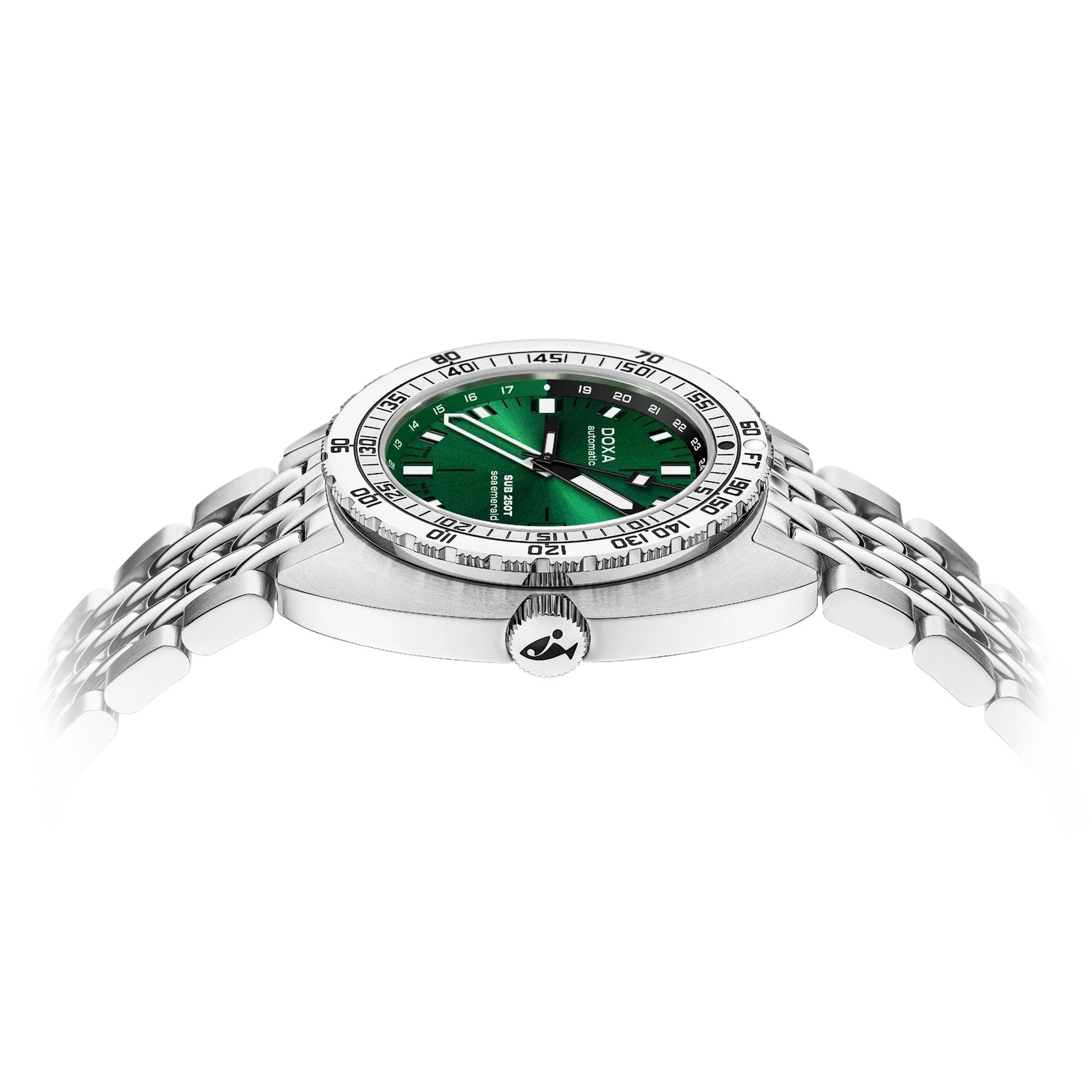 Side view of the DOXA SUB 250T GMT Sea Emerald wristwatch featuring a green dial, silver bezel, multi-link metal bracelet, Swiss automatic movement, and 250m water resistance, displayed on a white background.
