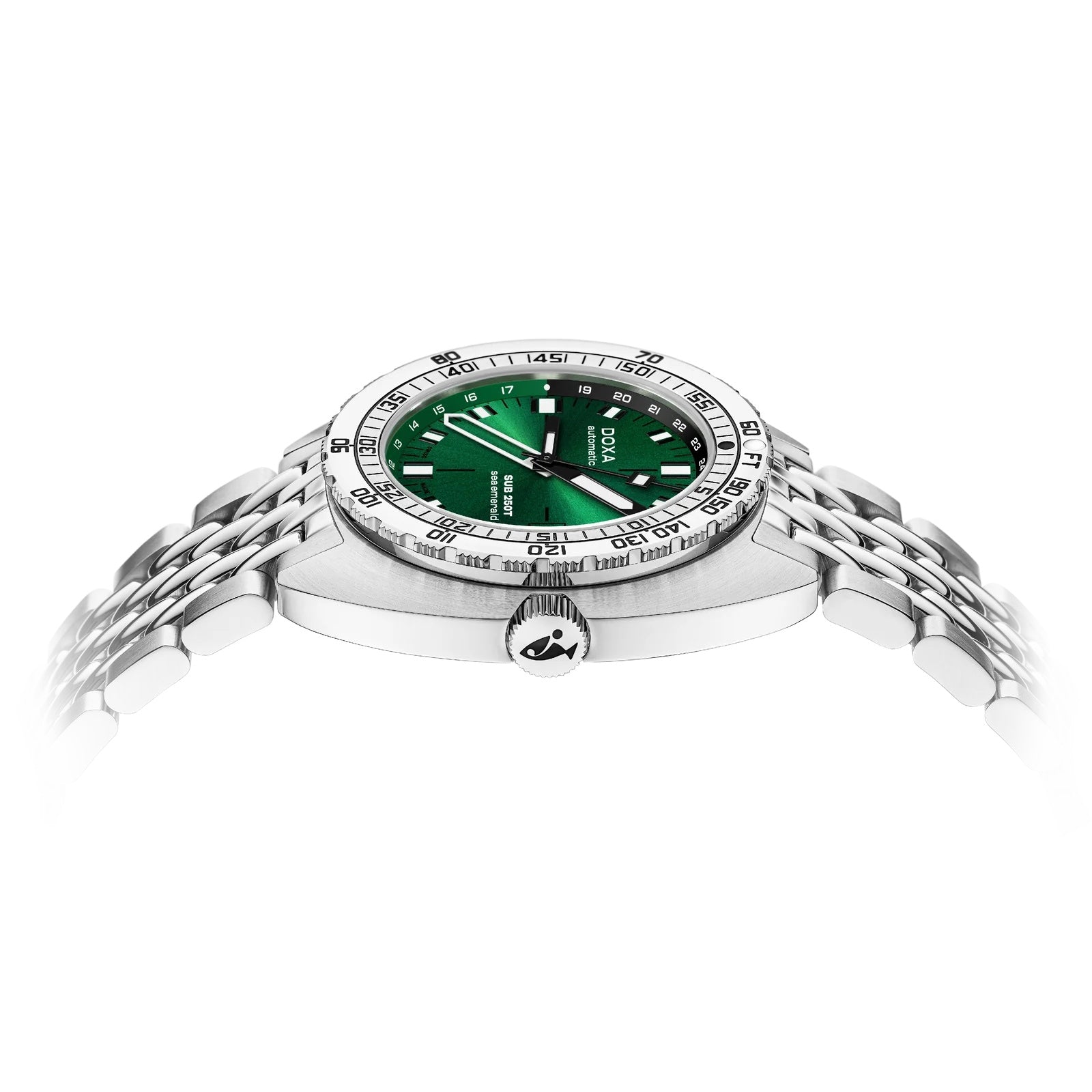 Side view of the DOXA SUB 250T GMT Sea Emerald wristwatch featuring a green dial, silver bezel, multi-link metal bracelet, Swiss automatic movement, and 250m water resistance, displayed on a white background.