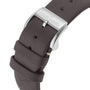 Close-up of a brown leather strap with a silver buckle engraved Louis Erard on the Petite Seconde Terracotta 42 watch.