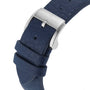 Close-up of the blue textured leather strap and silver buckle on the Louis Erard Petite Seconde Bleu Nuit watch.