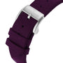 Close-up of the Petite Seconde Violette by Louis Erard, featuring a purple leather strap with a silver buckle engraved with the brand’s name.