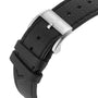 Close-up of a black textured leather strap with silver buckle engraved Louis Erard, from the Petite Seconde Guilloché Anthracite Black watch.