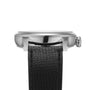 Side view of the Louis Erard Petite Seconde Guilloché Anthracite Black, featuring a silver case, black textured leather strap, and a ridged crown.