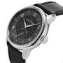The Louis Erard Petite Seconde Guilloché Anthracite Black wristwatch features a textured black dial and a black leather strap.