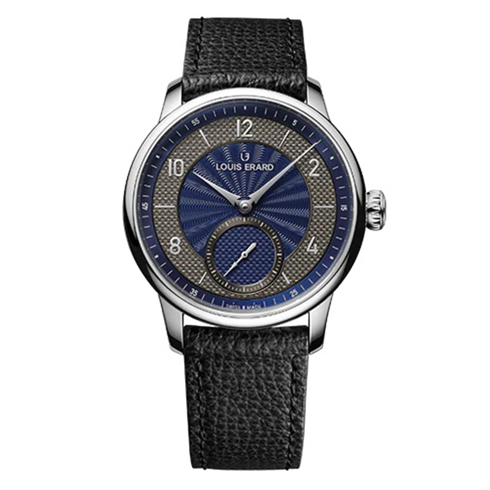 The Louis Erard Petite Seconde Guilloché Anthracite Blue wristwatch features a blue patterned dial and a textured black strap.