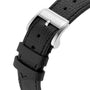 Close-up of a black textured leather strap with a silver buckle engraved Louis Erard, part of the Petite Seconde Guilloché Anthracite Blue watch.
