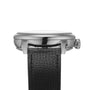 Side view of the Louis Erard Petite Seconde Guilloché Anthracite Blue watch, featuring a silver case, black leather strap, and visible crown on the right.