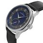 Louis Erard Petite Seconde Guilloché Anthracite Blue wristwatch with a blue and black dial and black leather strap, shown from an angled view.