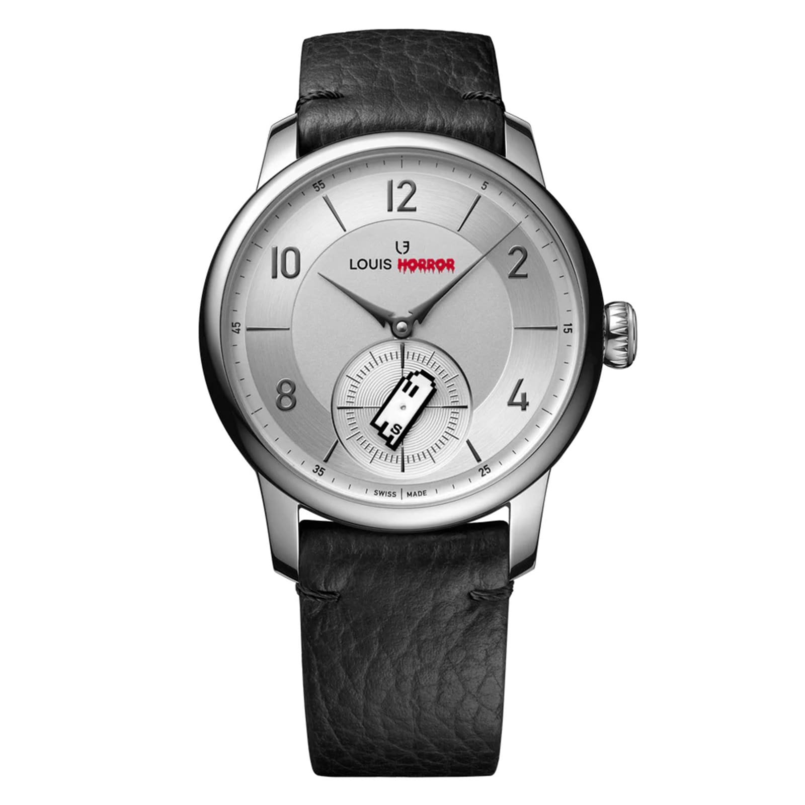 A Louis Erard La Petite Seconde Louis Horror x seconde/seconde/ wristwatch with a black leather strap and HORROR in red on the dial.