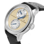 The Le Régulateur Louis Erard x Massena LAB Gold by Louis Erard features a textured gold dial, two subdials, black leather strap, and distinctive branding.