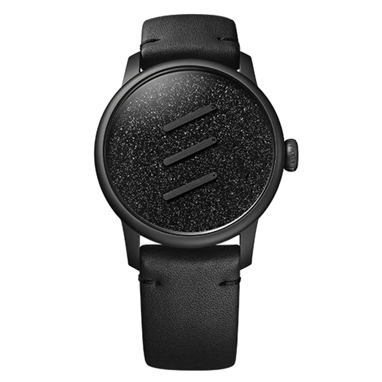 The Le Régulateur Louis Erard x Olivier Mosset by Louis Erard is a black wristwatch featuring a textured, sparkling dial with three diagonal raised lines, paired with a black leather strap.