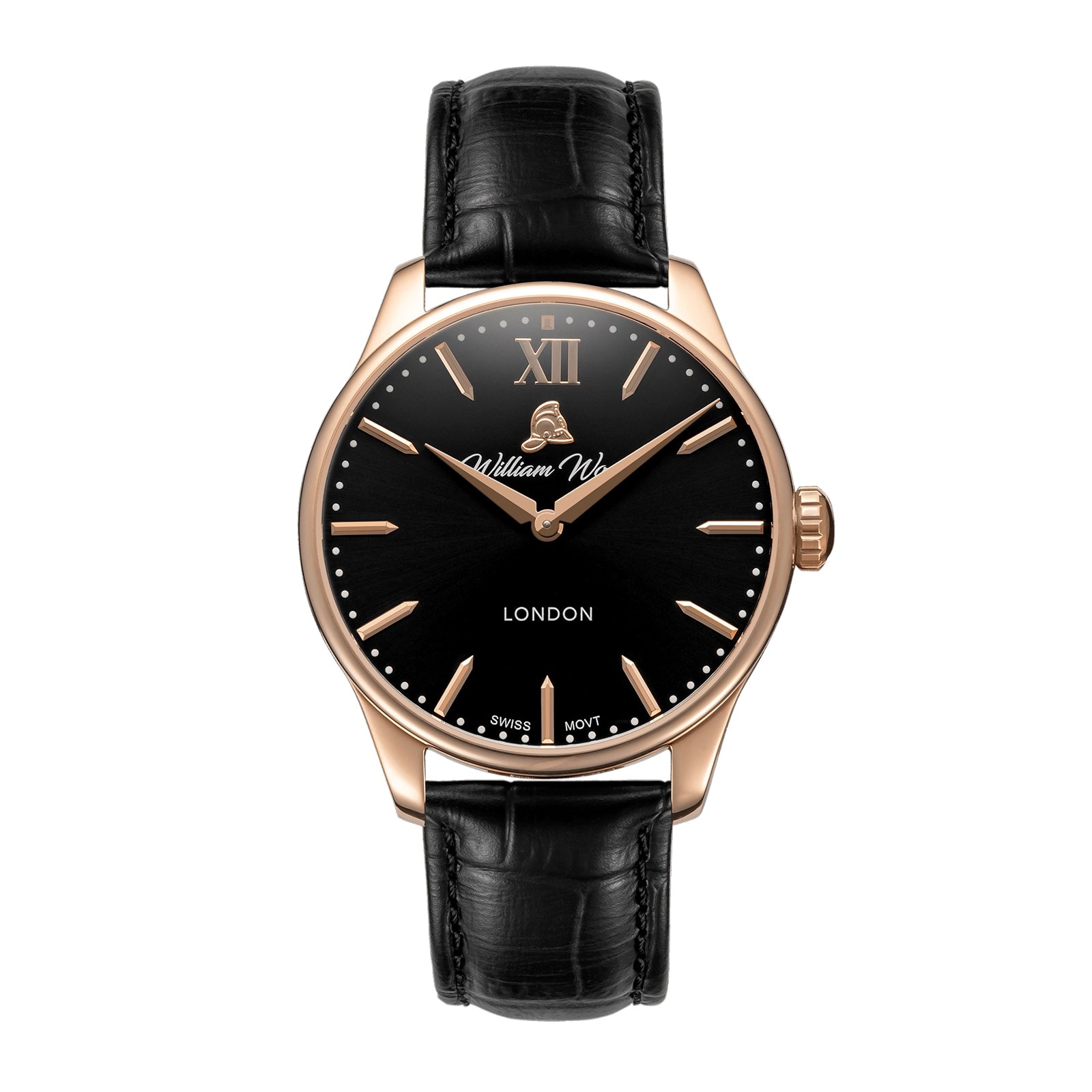 The William Wood Chivalrous Collection - Rose Gold features a gold wristwatch with a black leather strap, black dial, Roman numeral XII, and gold accents.