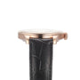 Side view of the Chivalrous Collection - Rose Gold wristwatch by William Wood, featuring a black leather strap, displayed on a white background.